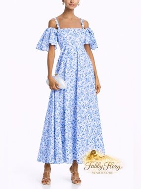 AQUA Boho Collection Blue Floral Off-Shoulder Maxi Cotton Dress